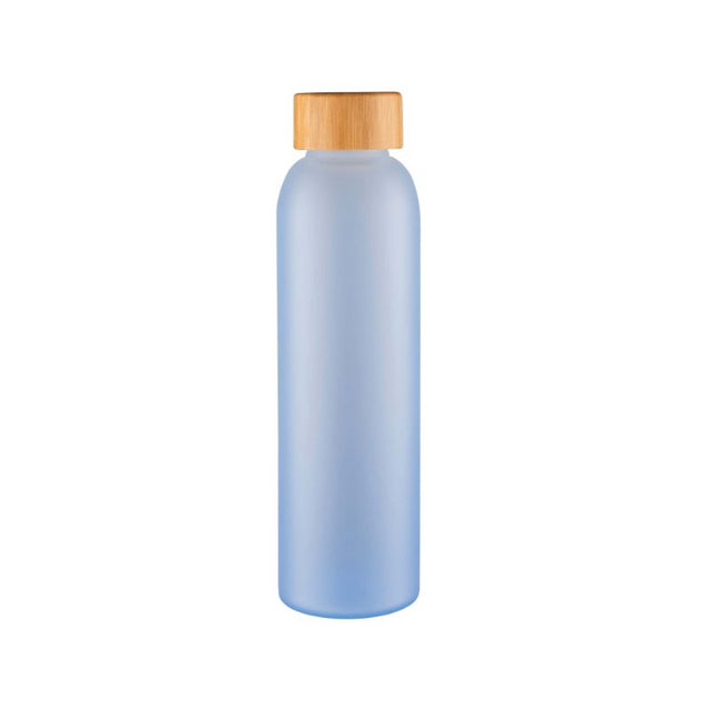 Frosted blue Avanti Velvet Glass Bottle 550ml with a luxurious texture and leak-proof bamboo cap for stylish hydration.