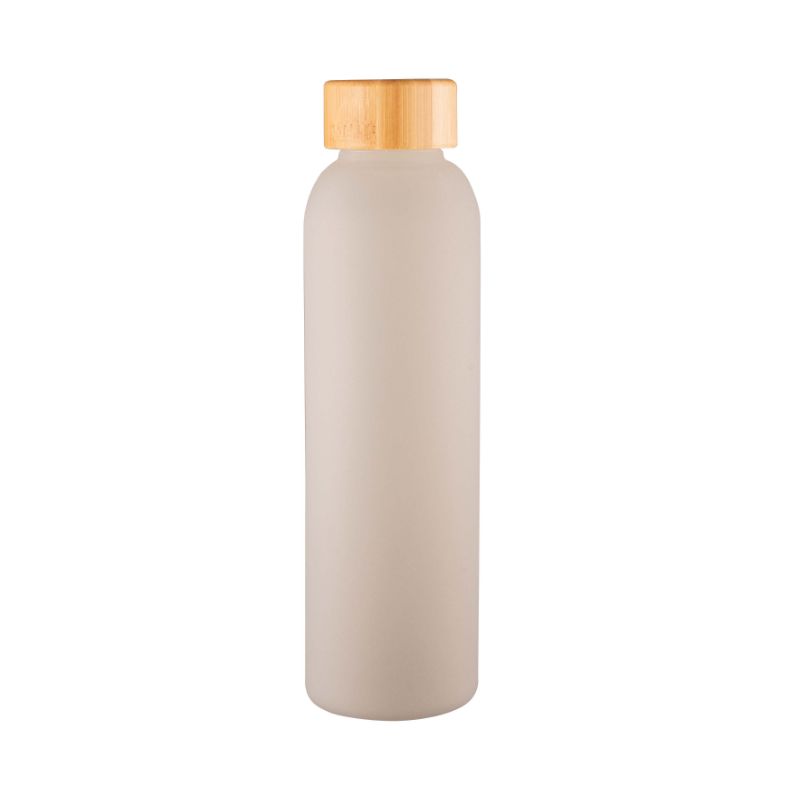 Avanti Velvet Glass Bottle in Frosted Grey, 550ml, features a stylish design, bamboo cap, and non-porous borosilicate glass.