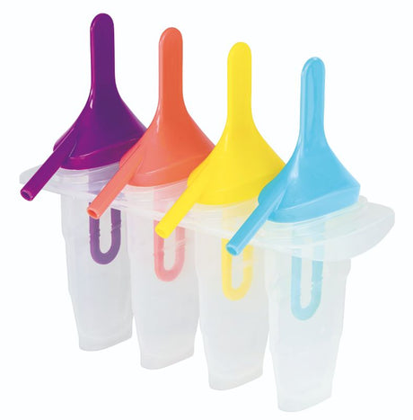 Colorful Avanti Slipper Ice Block Moulds with integrated straws, making four popsicles from juice or yogurt for summer fun.