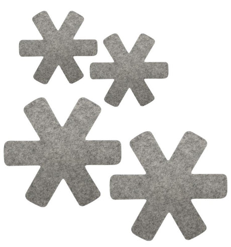 Set of 4 grey felt pan protectors, designed to cushion and protect pots and pans from scratches while stacked.
