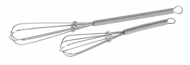 Set of 2 Avanti Mini Whisks in stainless steel, measuring 13cm and 18cm, perfect for effortlessly whisking small quantities.
