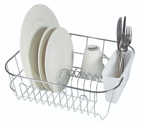 Avanti Small Slimline Dishrack in white, featuring a compact design, durable stainless steel, and an organized cutlery caddy.