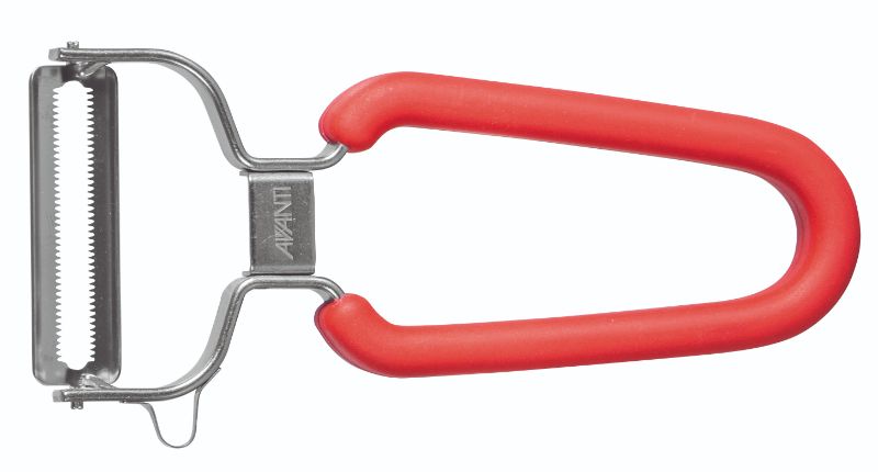 Avanti Smooth Skin Peeler in red with sharp Japanese blades and ergonomic handle for easy peeling of fruits and vegetables.