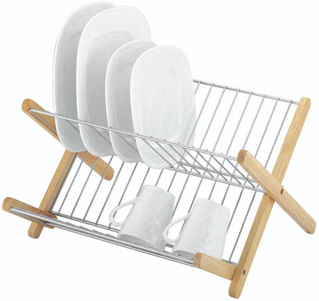 Stylish double-decker dish rack in natural wood and chromed steel, designed for organized drying and efficient kitchen space.