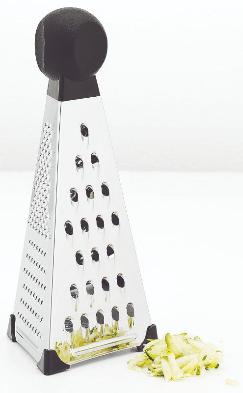 Lifestyle 3 Way Triangular Grater: 20cm stainless steel grater with ultra-sharp blades and non-slip feet for easy food prep.