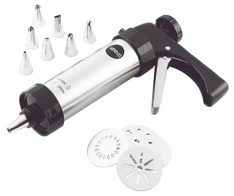 Luxurious 21-piece Cookie Press and Icing Set with stainless steel and plastic tools, featuring 13 biscuit discs and 8 nozzles.