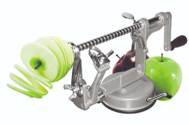 Green apple peeling machine designed to effortlessly peel, core, and slice apples for baking and salads.