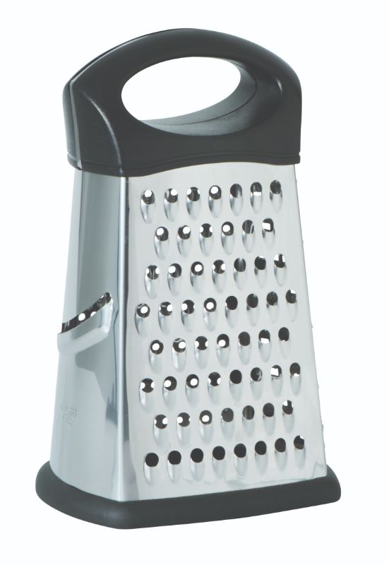 Avanti Box Grater with 4 stainless steel blades, non-slip base, and comfortable grip for versatile food preparation.