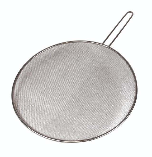 Avanti stainless steel splatter screen, 33cm diameter, with wire handle for mess-free frying and simmering in the kitchen.