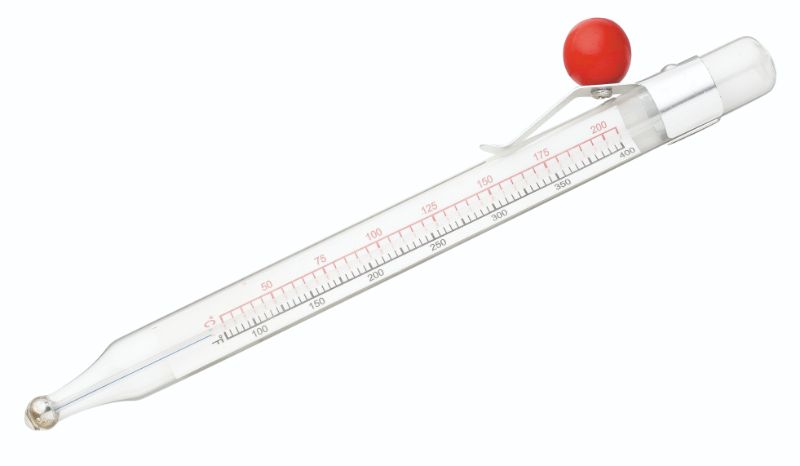 Tempwiz Glass Tube Thermometer for accurate candy and frying temperatures, with dual Celsius/Fahrenheit display.