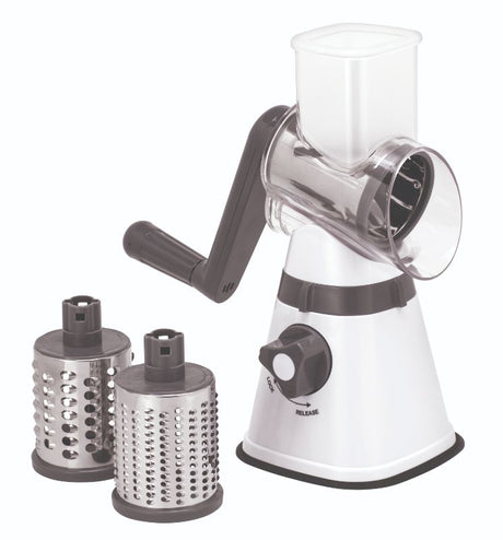 Avanti Table Top Drum Grater with three blades and suction grip base for stable, effortless grating and slicing.