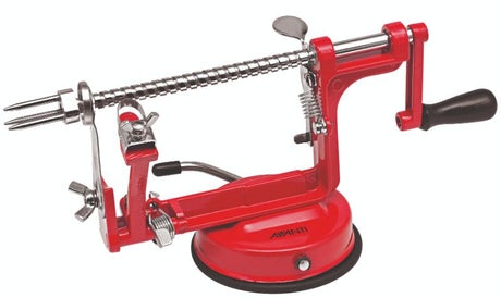 Apple peeling machine in vibrant red, efficiently peels, cores, and slices apples and other fruits with a sturdy design and suction base.