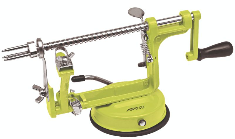 Green apple peeling machine with crank handle, effortlessly peels, cores, and slices apples for desserts and salads.