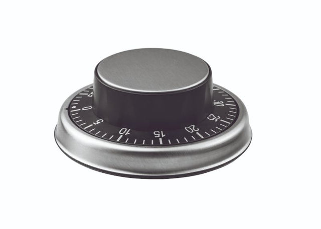 Avanti Mechanical Kitchen Timer in sleek black with large dial, 59-minute countdown, and bell alarm for cooking precision.