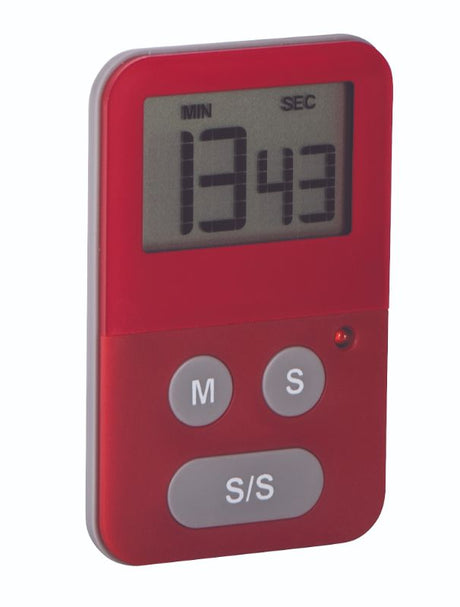 Avanti Digital Slim Timer in red with LCD display and flashing LED alarm, ideal for cooking and baking time management.