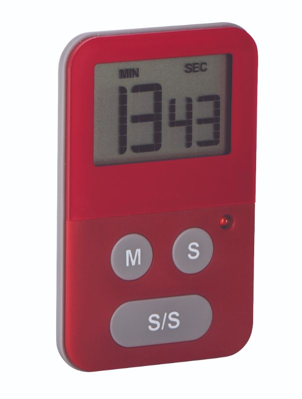 Avanti Digital Slim Timer in red with LCD display and flashing LED alarm, ideal for cooking and baking time management.