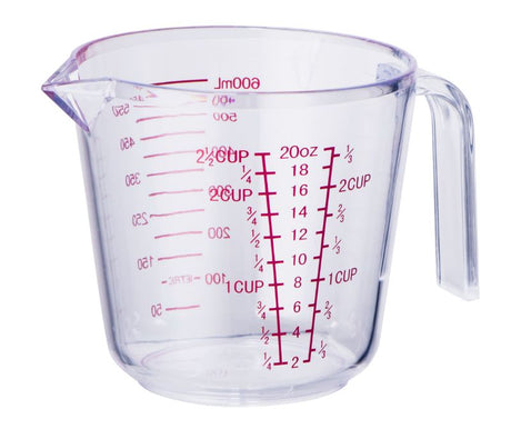 Crystal-clear 600ml BPA-free measuring jug with clear markings, spout for easy pouring, and deep sides for mixing.