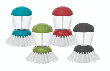 Avanti Dish Brush Dispenser Set of 16 includes vibrant brushes with a soap dispenser for efficient, effortless cleaning.