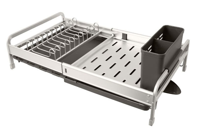 Avanti Expandable Dish Rack, a sturdy and stylish solution for drying dishes, features an expandable design, dual caddy, and drip tray.