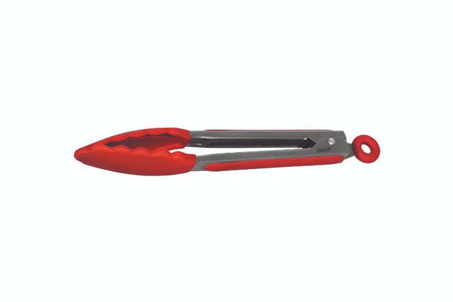 A0119 23cm red tongs with heat-resistant silicone head and stainless steel handle, perfect for non-stick cookware.