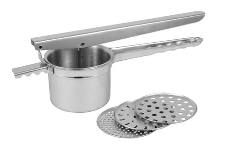 Avanti stainless steel potato ricer with three interchangeable blades for smooth, lump-free mashed potatoes and purees.