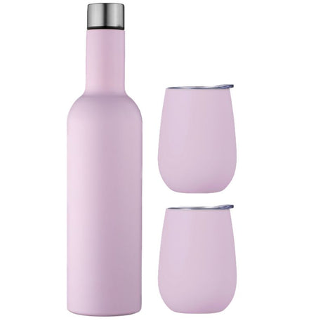 Avanti Wine Traveller Set in pink, featuring stainless steel stemless glasses designed for keeping drinks hot or cold on-the-go.