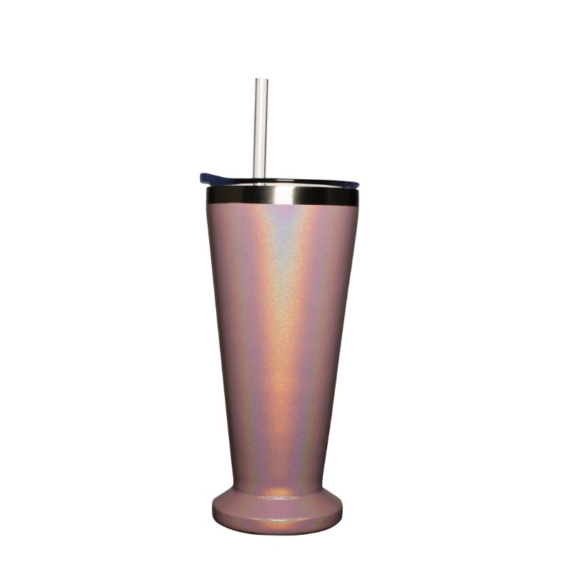 Pearlised pink stainless steel 500ml cocktail tumbler with lid, reusable straw, and double-walled insulation for cold drinks.