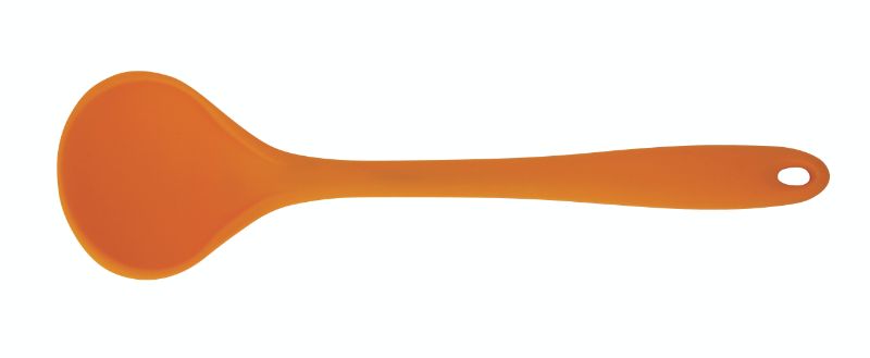 Bright orange Avanti silicone ladle, 27.5cm, perfect for serving soups and sauces, heat-resistant and dishwasher safe.