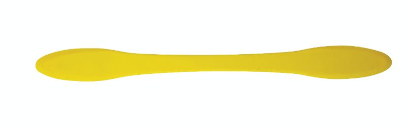 Avanti 28.5cm yellow silicone spatula with dual narrow ends for precise cooking and non-stick safety, dishwasher safe.