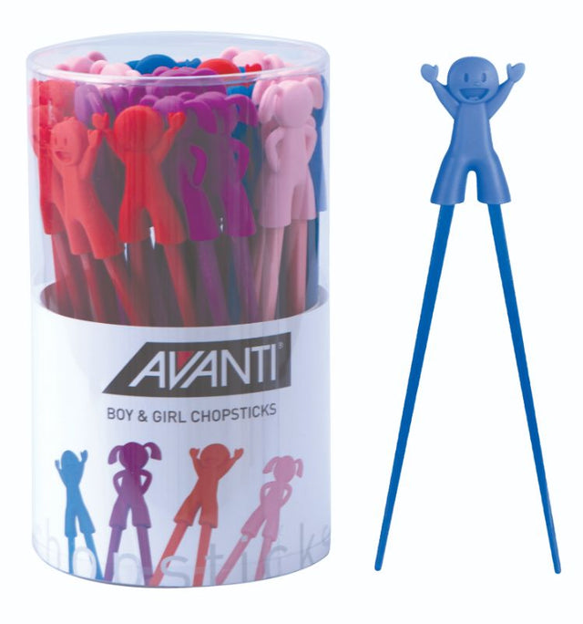 Colorful Avanti chopsticks set of 30 with playful boy and girl silicone tops, perfect for teaching kids to eat with chopsticks.