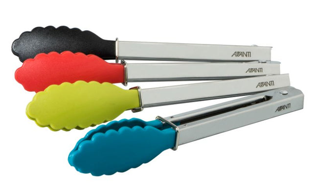 Set of 24 Avanti 18cm mini tongs in vibrant colors, perfect for serving hot and cold dishes without damaging cookware.