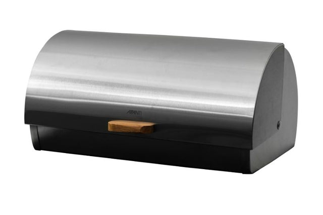 Avanti Roll Top Stainless Steel Bread Bin with sleek design, acacia wood handles, and ventilation for freshness.