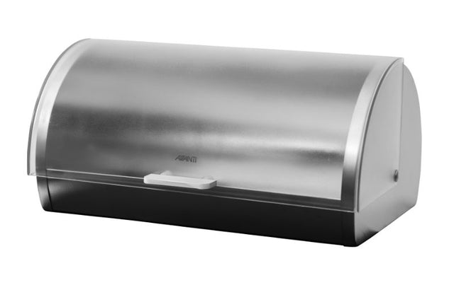 Avanti Frosted Roll Top Bread Bin with stylish design, frosted stainless steel, roll-top lid, and ventilation for freshness.