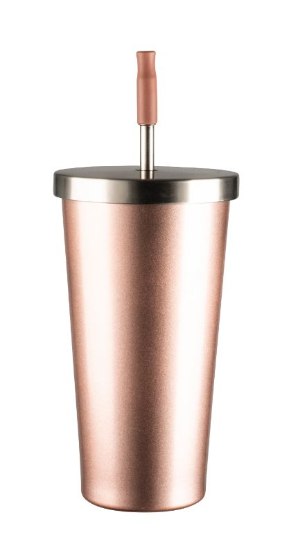 Rose gold insulated smoothie tumbler, 500ml, featuring a silicone mouthpiece for easy sipping, perfect for on-the-go hydration.