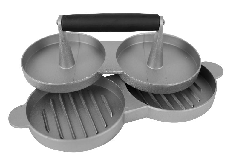 Avanti Double Burger Press shapes two 11.5 cm patties with a non-stick coating and ribbed surface for perfect burgers.