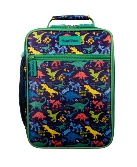 Vibrant insulated lunch bag featuring a whimsical dinosaur parade design, perfect for keeping kids' meals fresh and exciting.