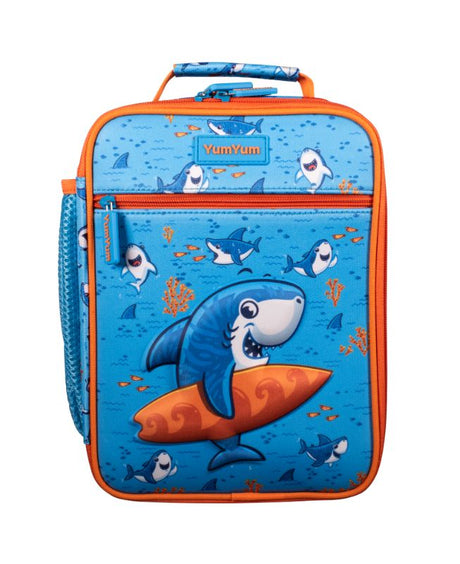 Vibrant insulated lunch bag featuring a surfing shark design, perfect for keeping kids' meals fresh and fun during outings.