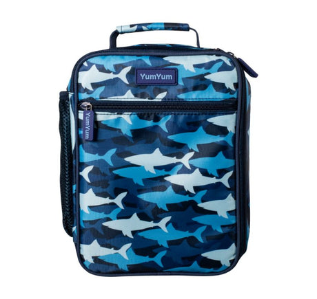 Insulated Avanti YumYum Lunch Bag in camo shark design, perfect for keeping kids' lunches fresh and fun.