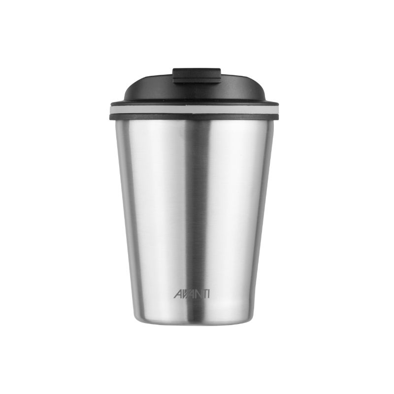 Brushed stainless steel travel cup (280ml) with double insulation to keep drinks hot for 8 hours and cold for 16 hours.