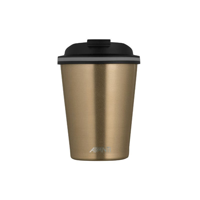 Stylish champagne-colored travel cup, double insulated, 280ml capacity, spill-proof, keeps drinks hot or cold for hours.