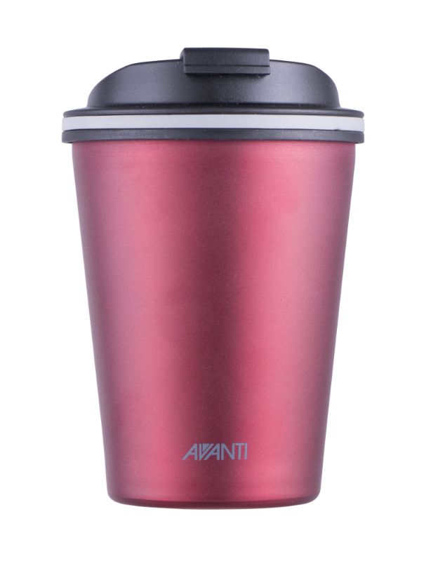 Ruby travel cup with double insulation; keeps drinks hot for 8 hours, cold for 16, designed for spill prevention and eco-friendly use.