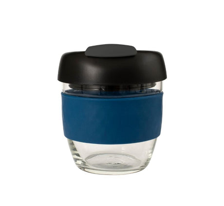 Avanti Glass GoCup Travel Mug in Navy/Black/Char; 236ml, reusable, heat-resistant, with ergonomic design and splash-proof seal.