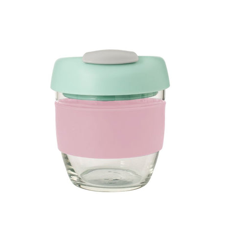 Avanti Glass GoCup Travel Mug in Pink/Mint/Grey, 236ml, made of borosilicate glass, with silicone grip and spill-proof design.