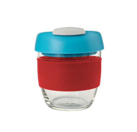 Avanti Glass GoCup Travel Mug in Red, Aqua, and Grey; eco-friendly, insulated, and splash-proof for on-the-go beverages.