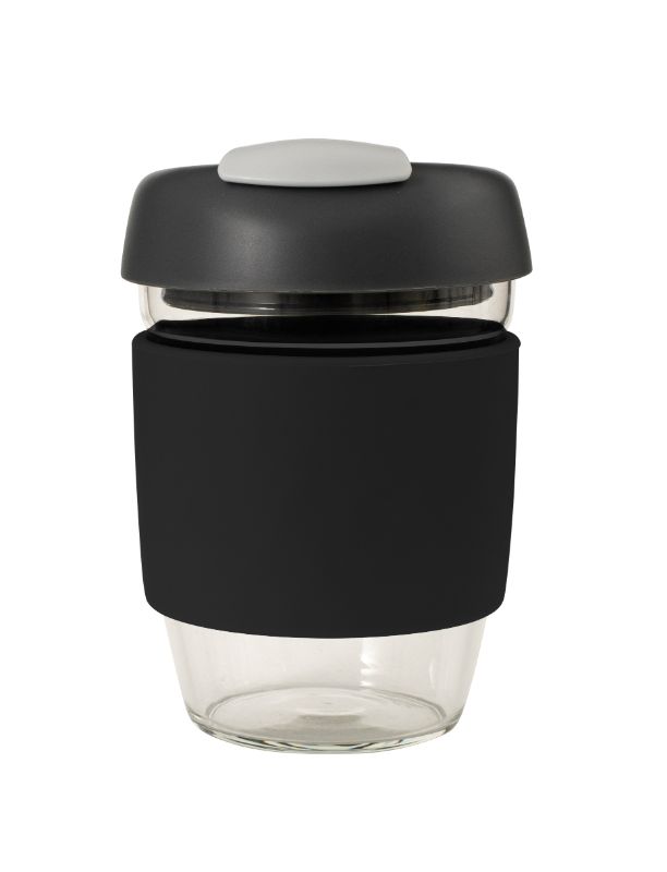 Avanti Glass GoCup Travel Mug in Black/Char/Grey, 355ml, features a sleek design, silicone sleeve, and spill-proof lid.