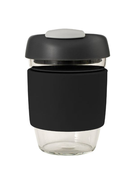 Avanti Glass GoCup Travel Mug in Black/Char/Grey, 355ml, features a sleek design, silicone sleeve, and spill-proof lid.