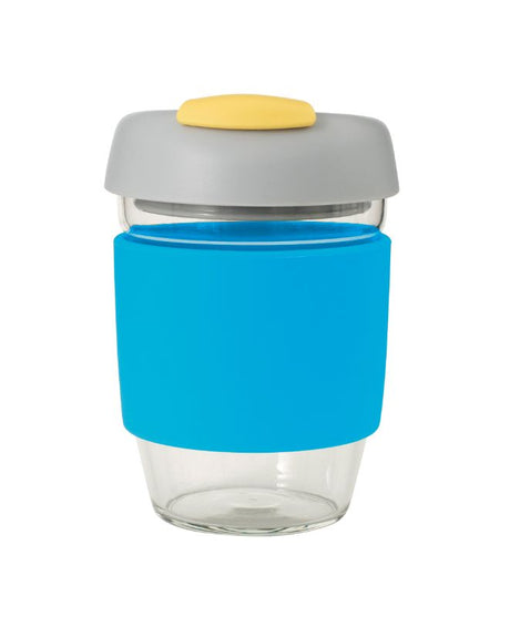 Avanti Glass GoCup Travel Mug in Blue, Grey, and Yellow; 355ml borosilicate glass with silicone sleeve and spill-proof lid.