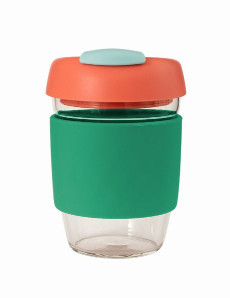 Avanti Glass GoCup Travel Mug in Green, Coral, and Seafoam, 355ml, stylish, spill-proof, BPA-free, with silicone sleeve.