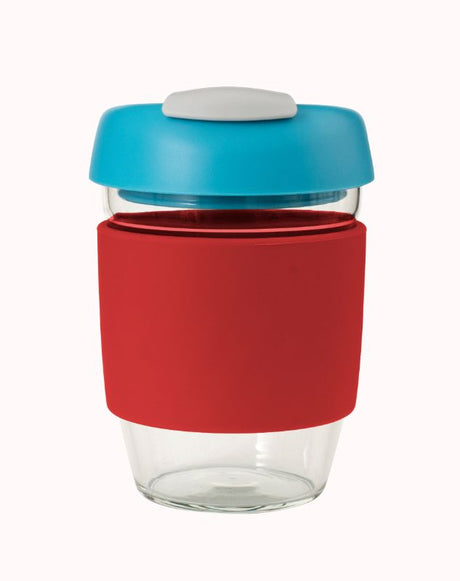 Avanti Glass GoCup travel mug in red, aqua, and grey; 355ml, spill-proof, ergonomic design for on-the-go sipping.