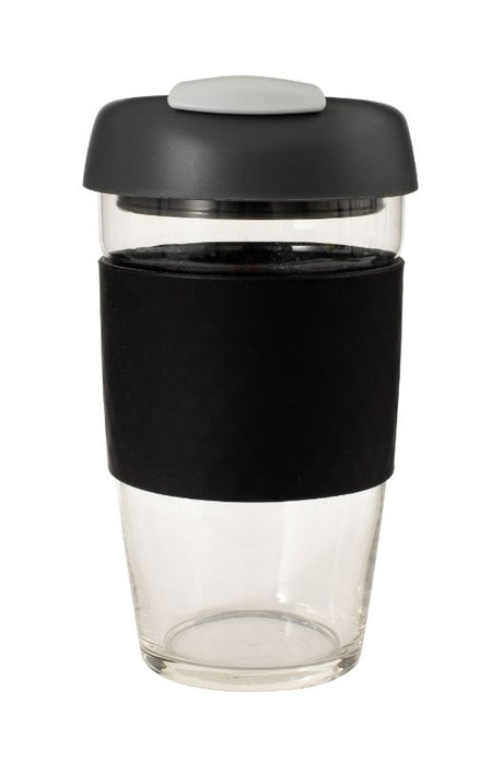 Avanti Glass GoCup Travel Mug in Black/Char/Grey, 473ml, borosilicate glass, spill-proof lid, eco-friendly design.